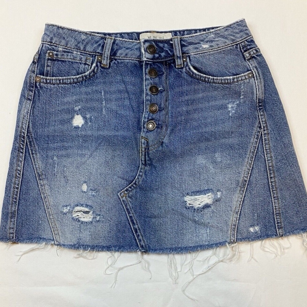 We The Free Women Size 27 Button Fly Blue Denim Skirt Distressed Raw Hem Pockets